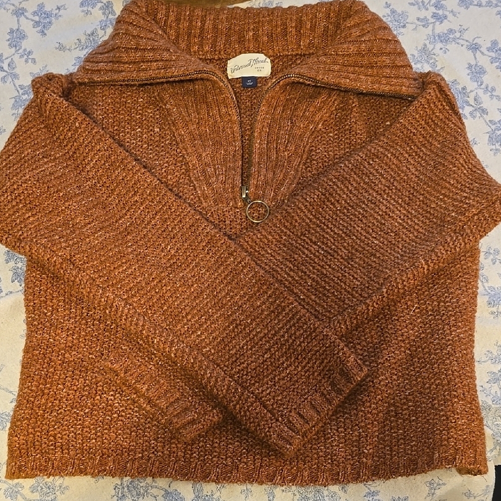 Rusty Orange Chunky Knit Zip Up Sweater with Fold-Over Collar